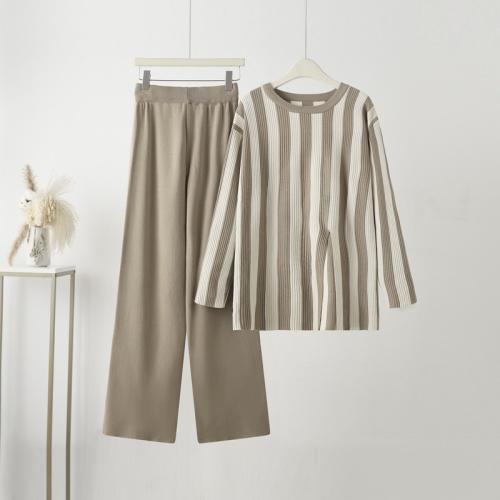 Polyester Women Casual Set & two piece & loose Pants & top striped Set