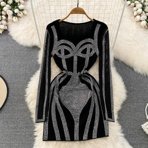 Polyester Waist-controlled & Slim Sexy Package Hip Dresses with rhinestone black : PC