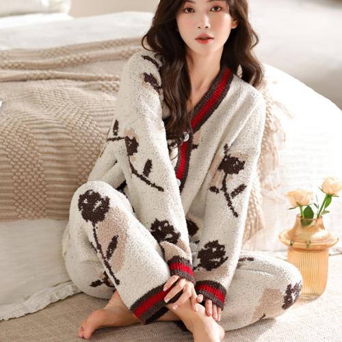 Polyester Women Pajama Set thicken & thermal Pants & coat printed floral white Set