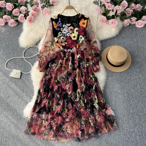 Polyester Slim One-piece Dress embroidered Solid multi-colored PC