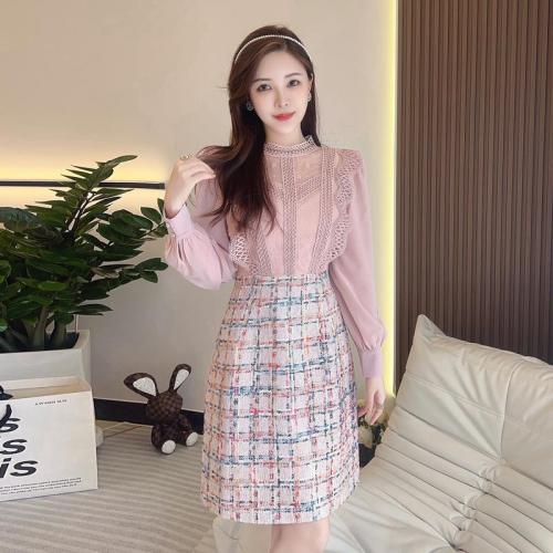 Polyester Slim One-piece Dress patchwork Solid pink PC