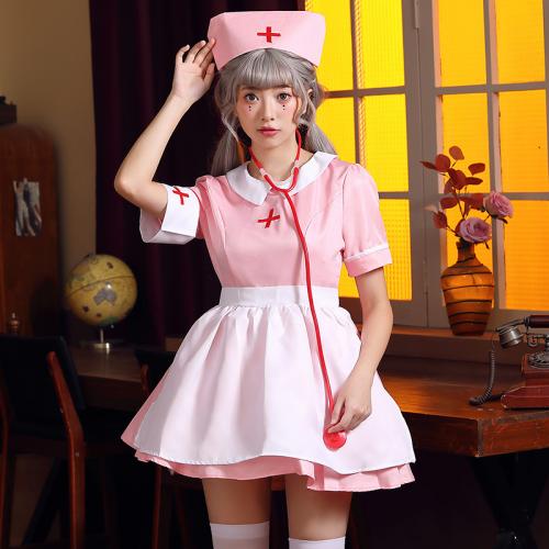 Polyester Sexy Nursing Costume & three piece patchwork pink Set