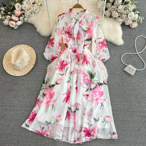 Jute Waist-controlled One-piece Dress large hem design & double layer printed floral pink PC