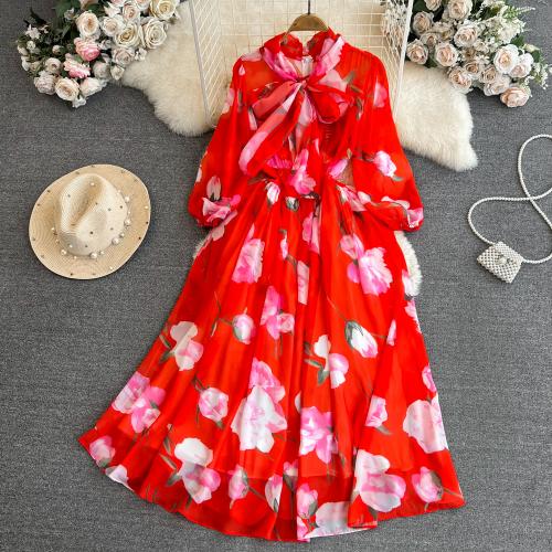 Chiffon Waist-controlled & Soft One-piece Dress double layer printed floral red PC