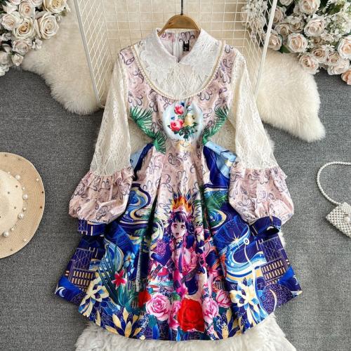 Mixed Fabric & Lace Waist-controlled One-piece Dress mid-long style & slimming printed PC