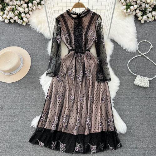 Mixed Fabric & Gauze Waist-controlled One-piece Dress see through look & large hem design black PC