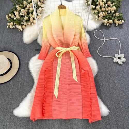 Jute Soft & High Waist One-piece Dress deep V Solid orange : PC