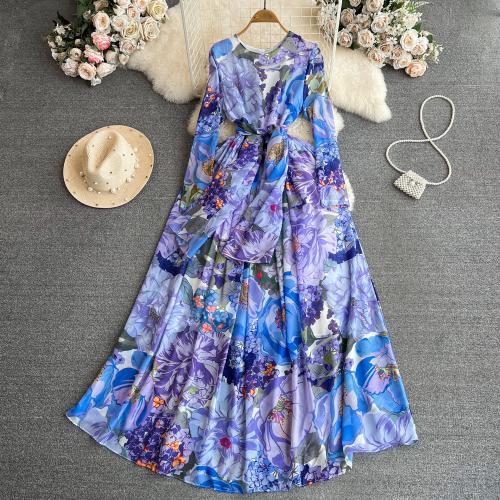 Jute Soft One-piece Dress large hem design & slimming printed floral blue PC