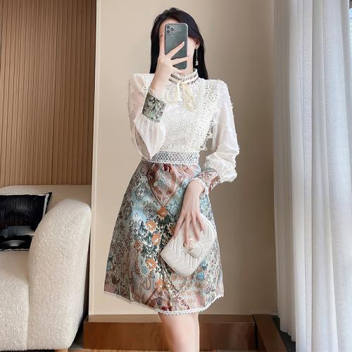 Polyester and Cotton Waist-controlled One-piece Dress printed floral white PC