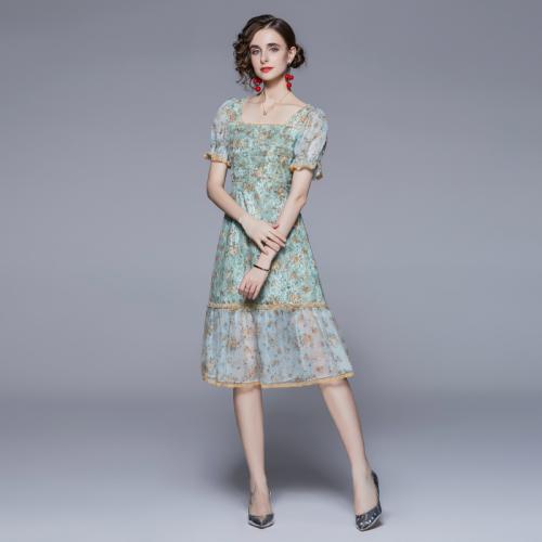 Polyester Waist-controlled One-piece Dress printed shivering green PC