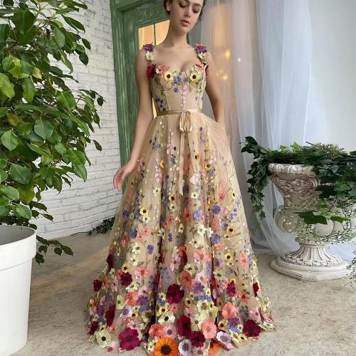 Polyester Waist-controlled Long Evening Dress large hem design floral multi-colored PC