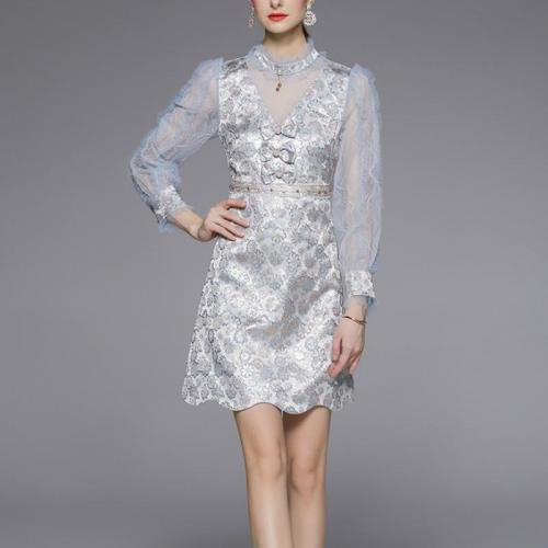 Lace Slim One-piece Dress printed shivering light blue PC
