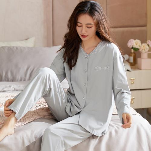Cotton Women Pajama Set & two piece & loose & with pocket Solid light gray Set