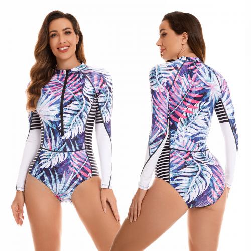 Polyester One-piece Swimsuit & skinny style printed leaf pattern PC