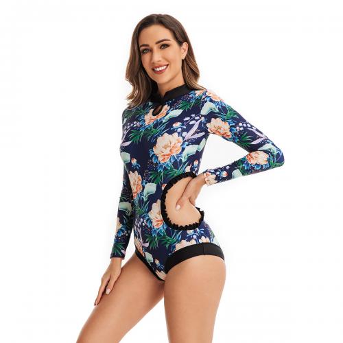 Polyester Quick Dry One-piece Swimsuit & hollow & skinny style printed floral blue PC