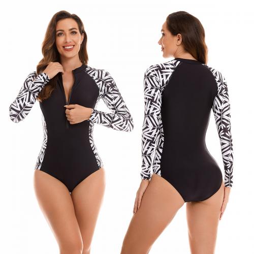 Polyester Quick Dry One-piece Swimsuit & skinny style printed leaf pattern black PC