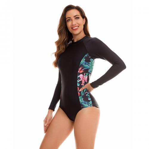 Polyester Quick Dry One-piece Swimsuit & skinny style printed leaf pattern black PC