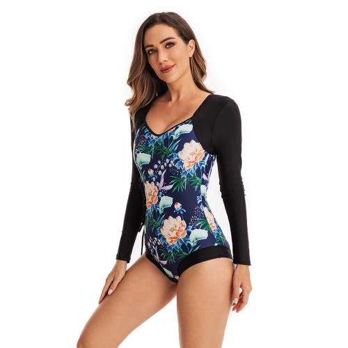 Polyester Quick Dry One-piece Swimsuit & hollow & skinny style printed floral PC