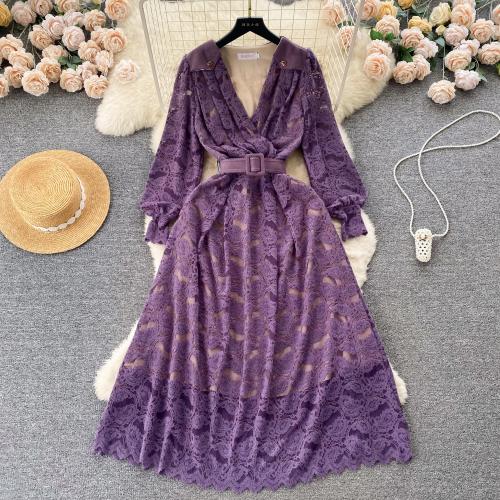 Polyester One-piece Dress see through look & large hem design & double layer purple PC