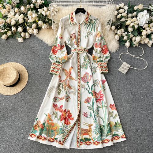 Polyester long style & front slit One-piece Dress & breathable printed floral PC