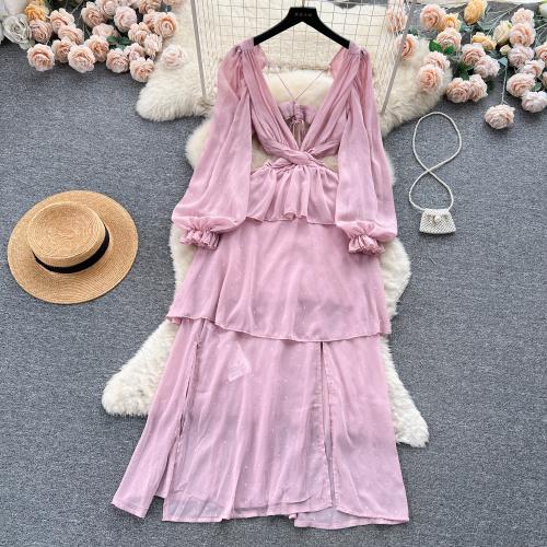 Polyester One-piece Dress see through look & side slit & backless Solid pink PC