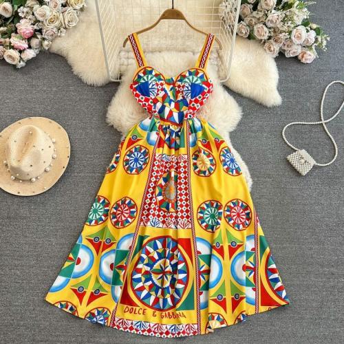 Polyester Waist-controlled & A-line Slip Dress slimming printed mixed colors PC