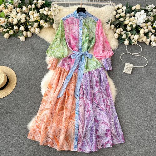 Polyester Waist-controlled & Soft One-piece Dress large hem design printed multi-colored PC
