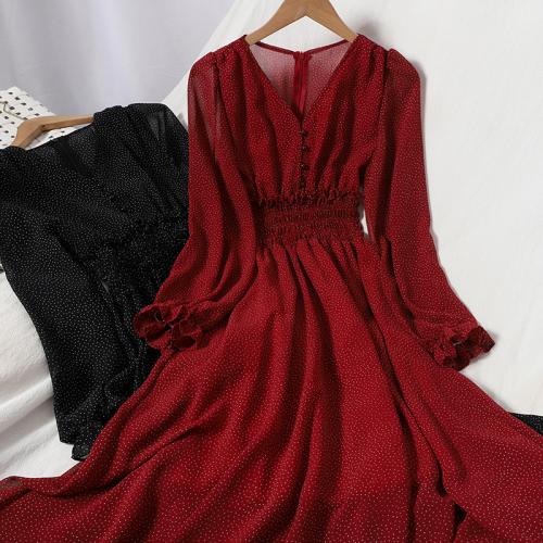 Chiffon Waist-controlled & stringy selvedge & long style One-piece Dress large hem design & slimming dot : PC