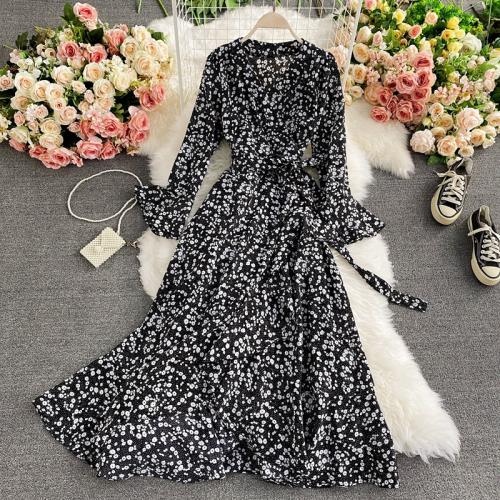 Chiffon Waist-controlled One-piece Dress large hem design & mid-long style & slimming printed shivering : PC