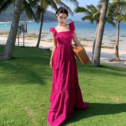 Polyester One-piece Dress backless Solid fuchsia PC