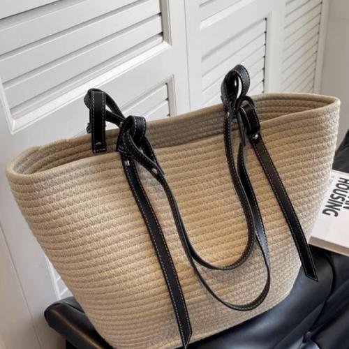 Cotton Cord & PU Leather Tote Bag & Easy Matching Woven Shoulder Bag large capacity PC