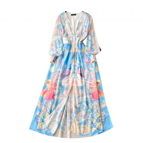 Mixed Fabric Waist-controlled One-piece Dress deep V & breathable printed blue PC