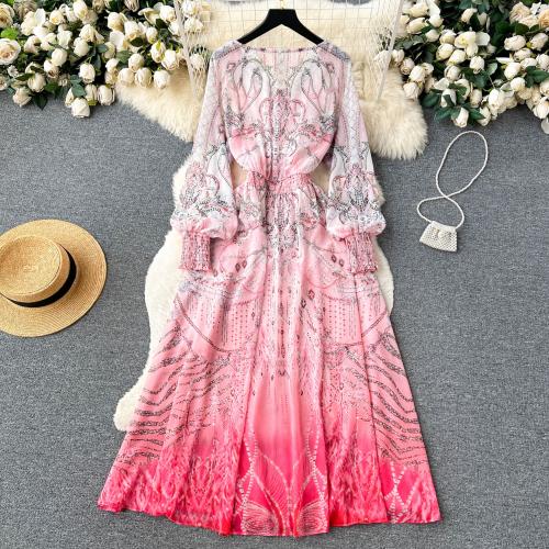 Mixed Fabric Waist-controlled One-piece Dress & breathable printed pink PC