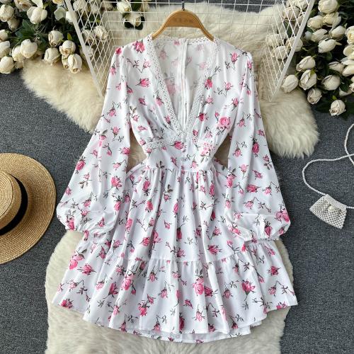 Mixed Fabric Waist-controlled One-piece Dress deep V & breathable shivering white PC