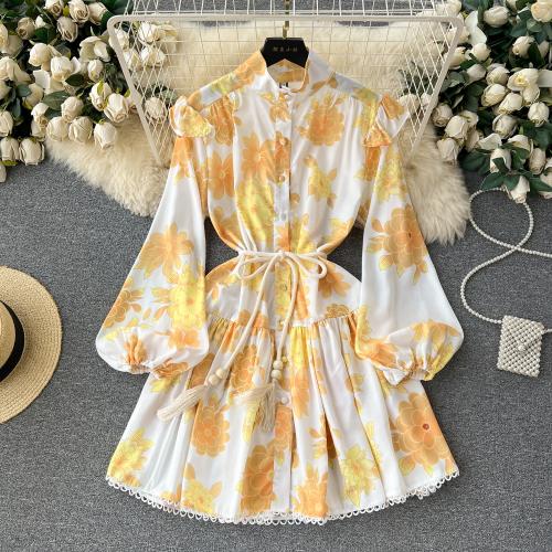 Mixed Fabric Waist-controlled One-piece Dress & breathable printed yellow PC