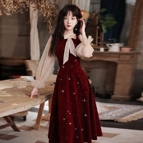 Sequin & Polyester Waist-controlled One-piece Dress see through look & slimming Solid wine red PC