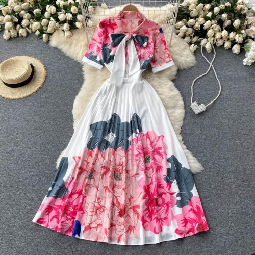 Polyester Waist-controlled One-piece Dress with bowknot & breathable pink PC