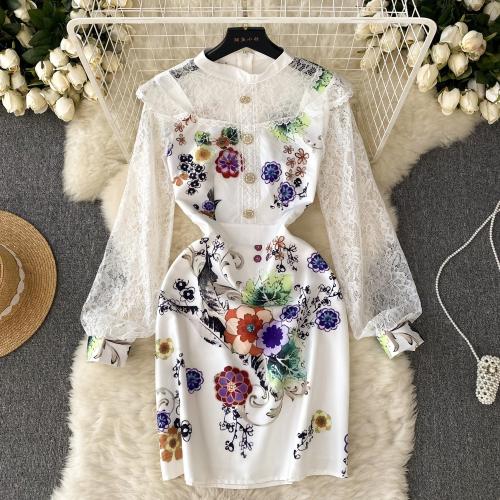 Polyester Waist-controlled One-piece Dress & breathable patchwork white PC