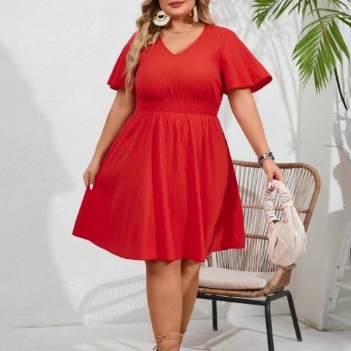 Polyester Plus Size One-piece Dress & loose patchwork Solid red PC