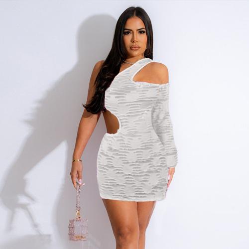 Knitted Sexy Package Hip Dresses slimming & off shoulder & hollow Solid white PC