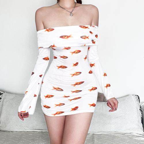 Polyester Slim Sexy Package Hip Dresses & off shoulder printed white PC