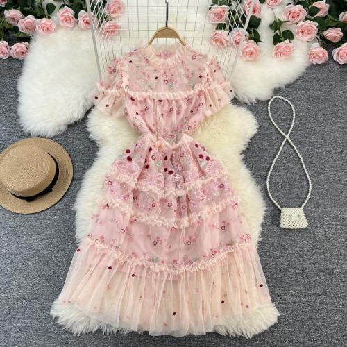 Gauze One-piece Dress patchwork shivering pink PC