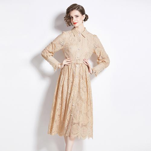 Lace & Polyester Waist-controlled One-piece Dress double layer & hollow khaki PC
