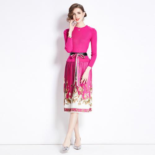 Polyester Waist-controlled & Pleated One-piece Dress & fake two piece printed floral fuchsia PC