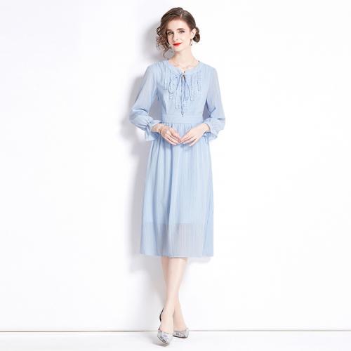 Polyester Soft One-piece Dress see through look & double layer Solid light blue PC