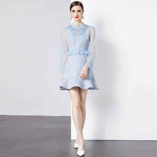 Polyester scallop One-piece Dress see through look & breathable Solid blue PC