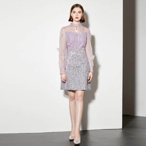 Gauze & Polyester Slim One-piece Dress see through look & knee-length purple PC