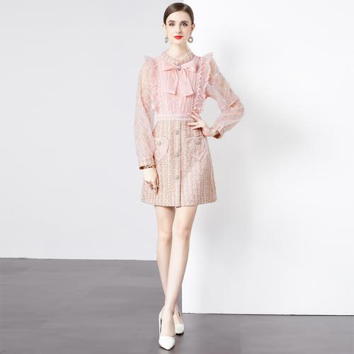 Gauze & Polyester lace & Waist-controlled One-piece Dress see through look pink PC