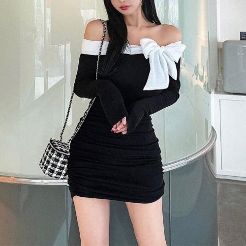 Polyester Slim Sexy Package Hip Dresses & off shoulder patchwork Solid PC