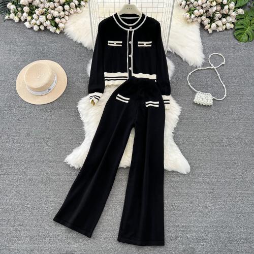 Polyester Wide Leg Trousers & High Waist Women Casual Set slimming Pants & top knitted striped : Set
